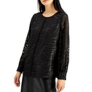 Alfani Womens M Deep Black Animal Print Long Sleeve Blouse Top NWT BH16